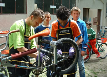 Bycycle repairs at School No 2 for the Deaf, Cluj-Napoca, Romania Bycycle repairs at School No 2 for the Deaf, Cluj-Napoca, Romania